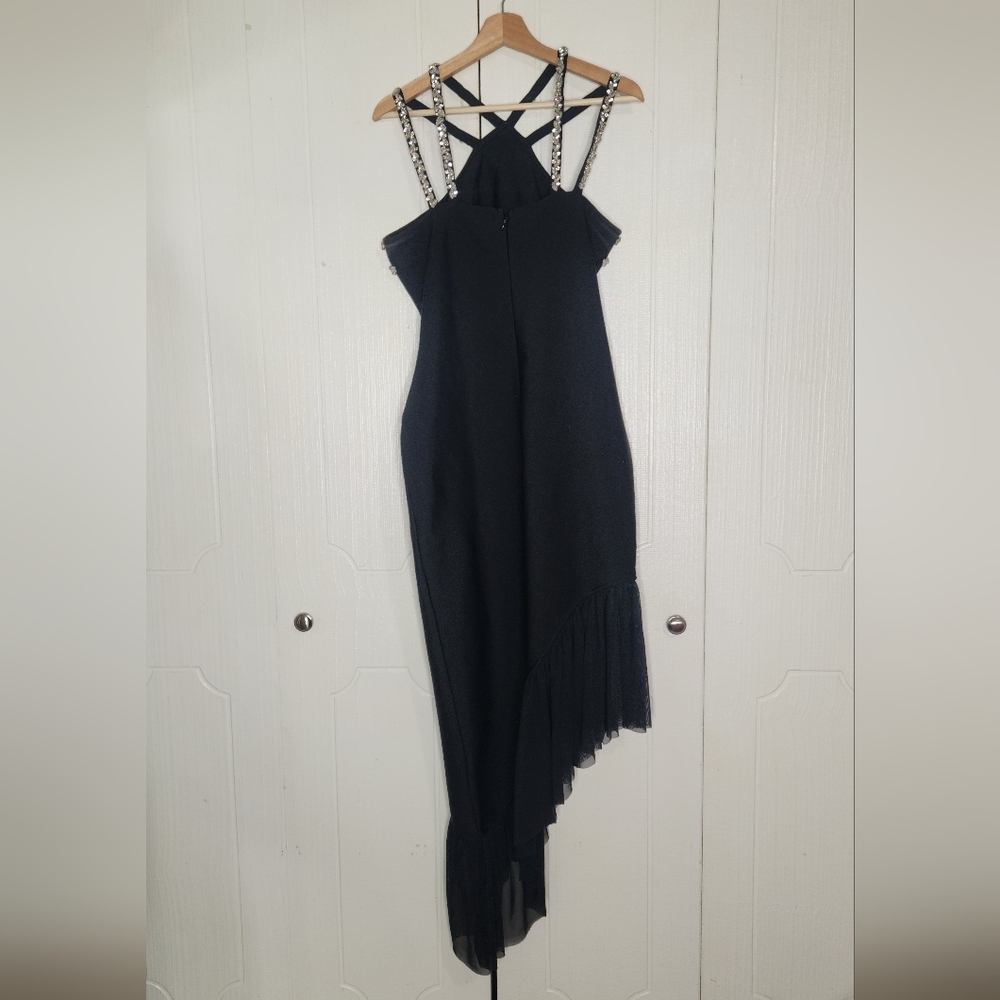 Crystal Beaded Rhinestone Criss-Cross Black Asymmetrical Dress - Picture 7 of 9